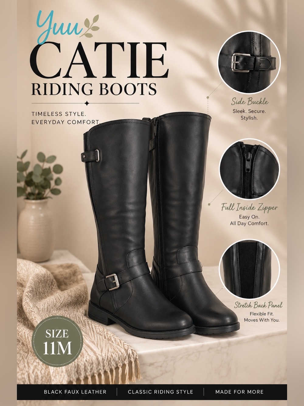 Yuu Catie Tall Black Riding Boots with Buckle Detail Sz 11 NWT
